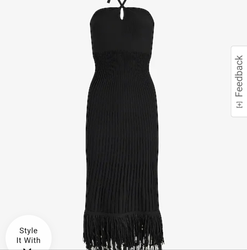 Elegant Black Halter Ribbed Fringe Dress - Express LG